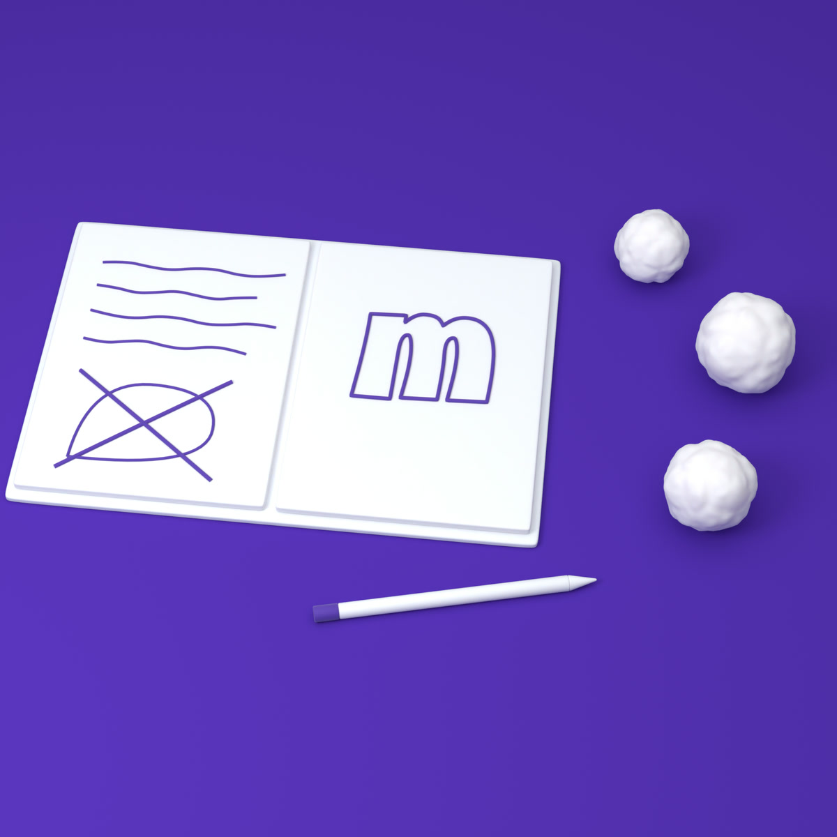 An open notebook with an m sketch and a crossed-out idea, next to crumpled paper
