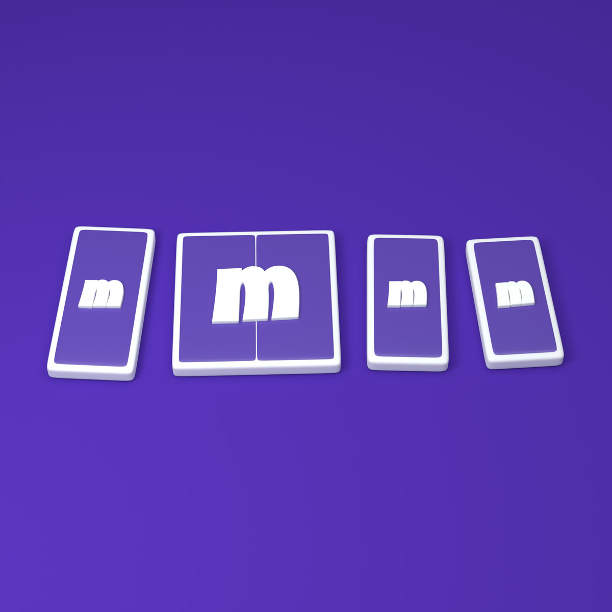 Four white clay phones side by side, each screen showing the Merus m