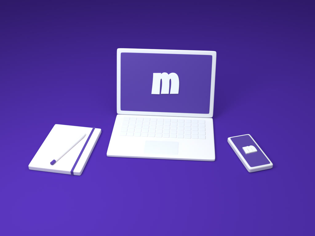 A white clay laptop showing the Merus m, with a phone and a notebook, on a purple desk