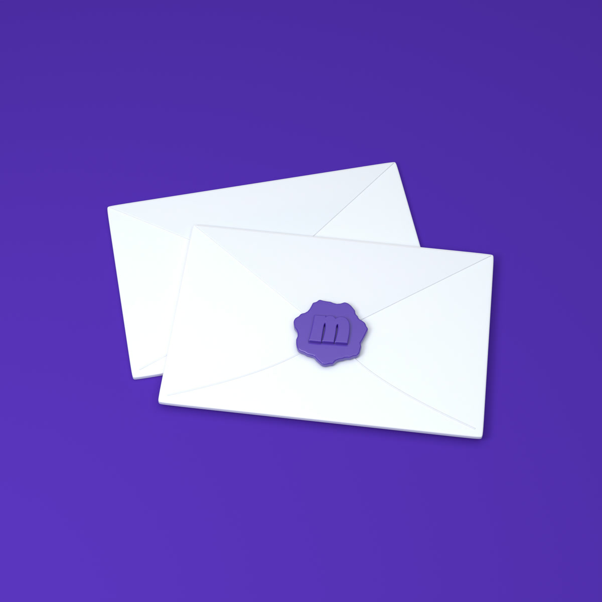 Two white clay envelopes, the top one sealed with purple wax pressed with the m